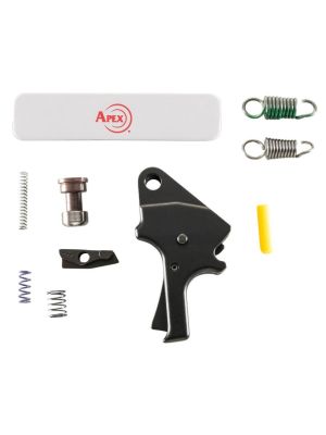 Flat black anodized trigger, five springs, two small steel parts, a yellow slave pin, and Apex sight tool