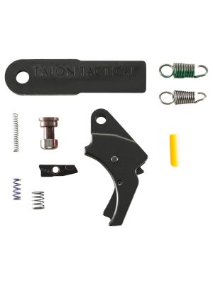 Curved black anodized aluminum trigger, five springs, two small steel parts, a yellow slave pin, and Apex sight tool