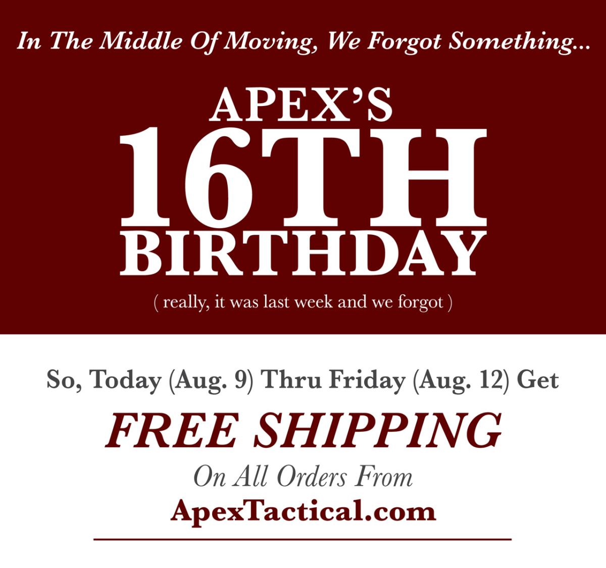 Apex Marks 16th Anniversary With Free Shipping At ApexTactical.com