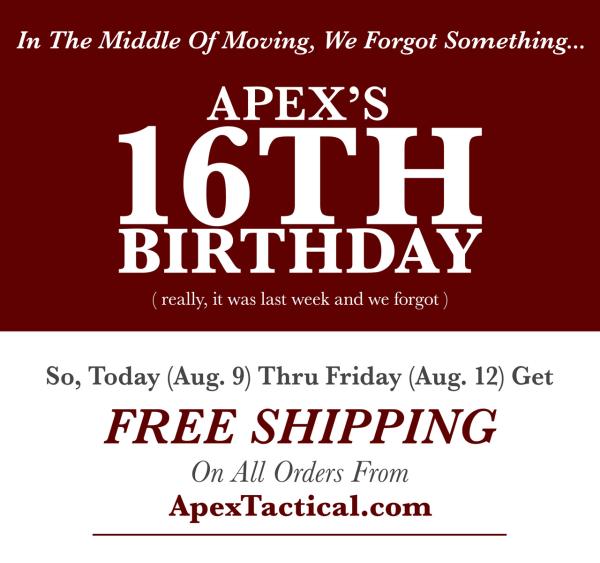 Apex Marks 16th Anniversary With Free Shipping At ApexTactical.com